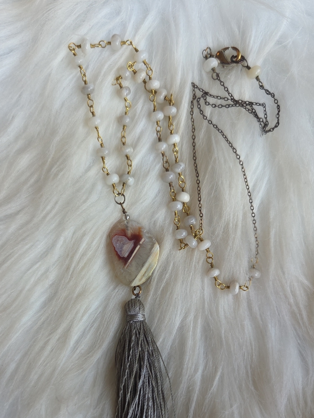 Beautiful Agate Pendant and Onyx Beaded Gray Tassel